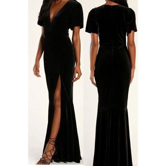 Lulus Black Velvet Trumpet Maxi Dress | XS | V-Neck | Flutter Sleeve | Slit Gown - Picture 1 of 11